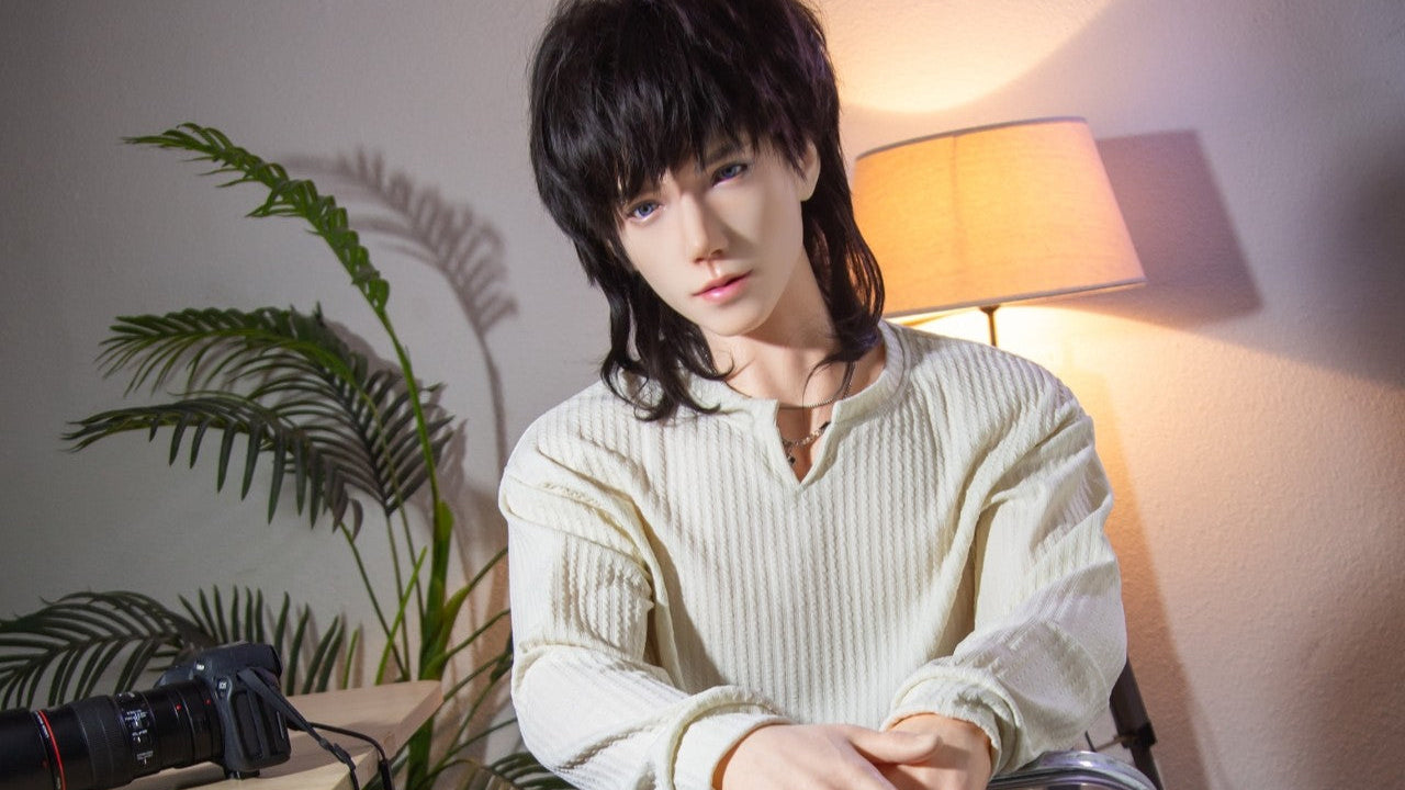 Steve male doll wearing a white shirt and black trousers, seated on a chair – YJL DOLL
