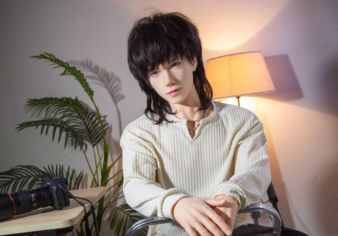 Steve male doll wearing a white shirt and black trousers, seated on a chair – YJL DOLL